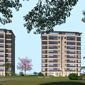 Modern Multi Storey Residential Building Exterior With Greenery Trees Cherry Blossom And Purple Flowers
