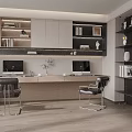 Modern Home Study With Long Desk Computer Monitors Bookshelf And Leather Chairs