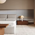 Modern Bedroom Interior Design With Upholstered Headboard Double Bed Table Lamps Spherical Pendant Light Curtains
