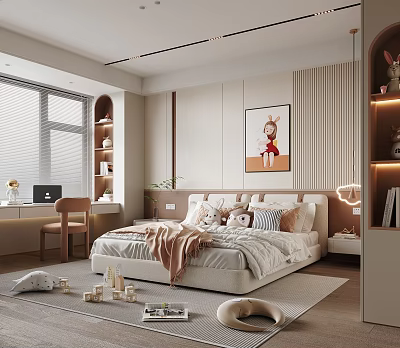Kids Bedroom With Cozy Bed Stuffed Toys Desk Window Shelves And Decorative Painting 3d model