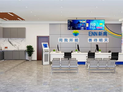 Service Hall Interior Design With Service Counter Display Screen And Waiting Seats 3d model