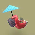 Cartoon Red Shoe Shaped Car with Blue Umbrella on Top Red Horn and Green Seats