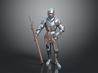 Knight In Shiny Silver Armor Standing With Wooden Spear Against Dark Background 3d model