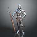 Knight In Shiny Silver Armor Standing With Wooden Spear Against Dark Background