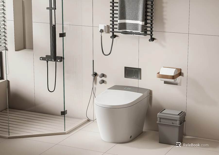 Modern Bathroom Interior Featuring White Toilet With Tiled Walls And Glass Shower Door 3d model 
