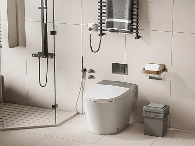 Modern Bathroom Interior Featuring White Toilet With Tiled Walls And Glass Shower Door 3d model