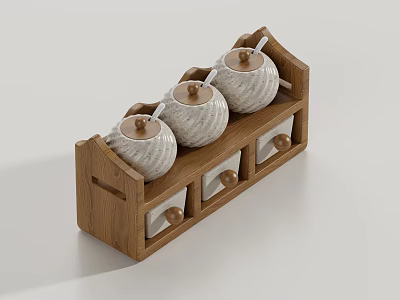 Ceramic Spice Jars With Lids On Wooden Rack Featuring Small Drawers 3d model