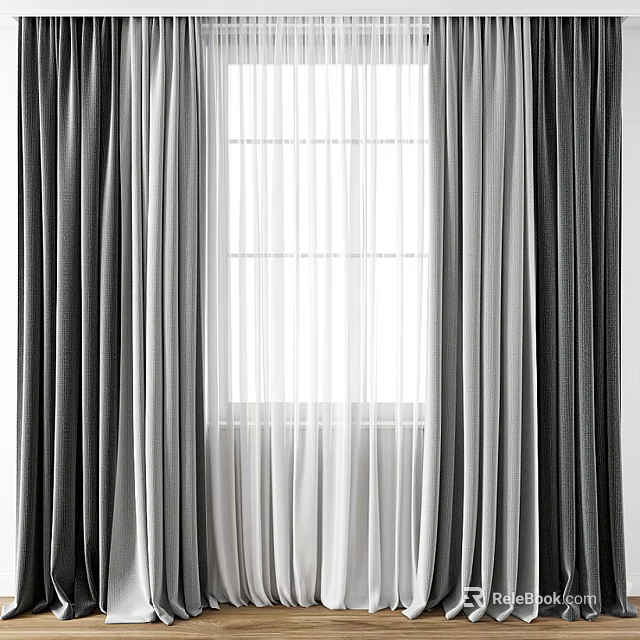 Layered Gray And White Thick Curtains With Sheer Panels Hanging By Window 3d model