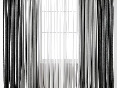 Layered Gray And White Thick Curtains With Sheer Panels Hanging By Window 3d model