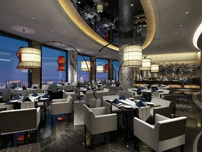 Luxurious Modern Restaurant Interior With Elegant Chandeliers Dining Tables And City View Windows 3d model