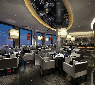 Luxurious Modern Restaurant Interior With Elegant Chandeliers Dining Tables And City View Windows 3d model
