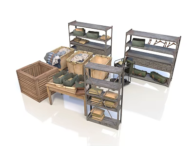 Wooden Shelves With Baskets And Crates For Retail Display Items Storage Tables 3d model