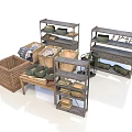 Wooden Shelves With Baskets And Crates For Retail Display Items Storage Tables