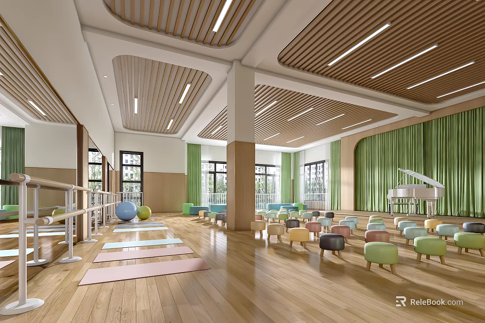 Bright Kindergarten Indoor Space With Wooden Ceiling Green Curtains Yoga Mats Colorful Chairs And Piano 3d model 