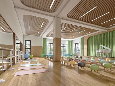 Bright Kindergarten Indoor Space With Wooden Ceiling Green Curtains Yoga Mats Colorful Chairs And Piano 3d model