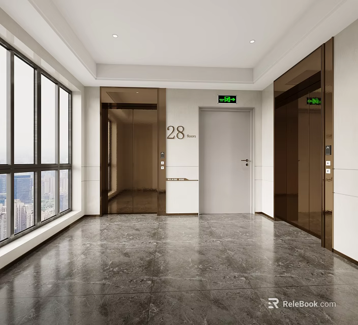 Spacious Modern Elevator Lobby With 28th Floor Sign Large Windows And City View 3d model