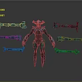 Game Movie Character with Horned Purple Blue Armor Surrounded by Multiple Weapon Parts