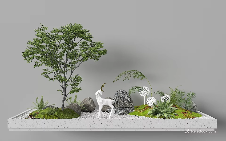 Garden Landscape With Tree White Deer Sculpture Stones Green Plants Moss And White Gravel Ground 3d model 