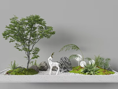 Garden Landscape With Tree White Deer Sculpture Stones Green Plants Moss And White Gravel Ground 3d model
