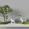 Garden Landscape With Tree White Deer Sculpture Stones Green Plants Moss And White Gravel Ground