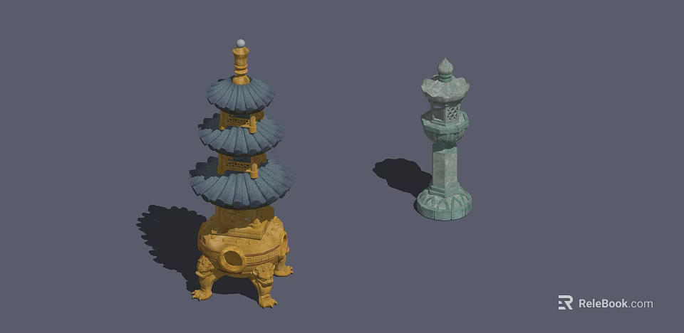 Traditional Chinese Pagoda And Stone Lantern Sculptures With Multi Layered Design 3d model 