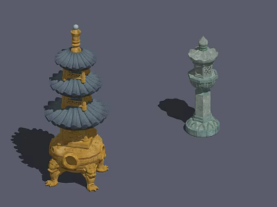 Traditional Chinese Pagoda And Stone Lantern Sculptures With Multi Layered Design 3d model