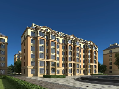 Multi Story Residential Building with Yellow Beige Exterior European Style Lawn and Trees 3d model