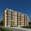 Multi Story Residential Building with Yellow Beige Exterior European Style Lawn and Trees