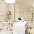 Modern Beauty Hair Salon Interior With White Reception Desk Sofa Mirror And Product Shelves