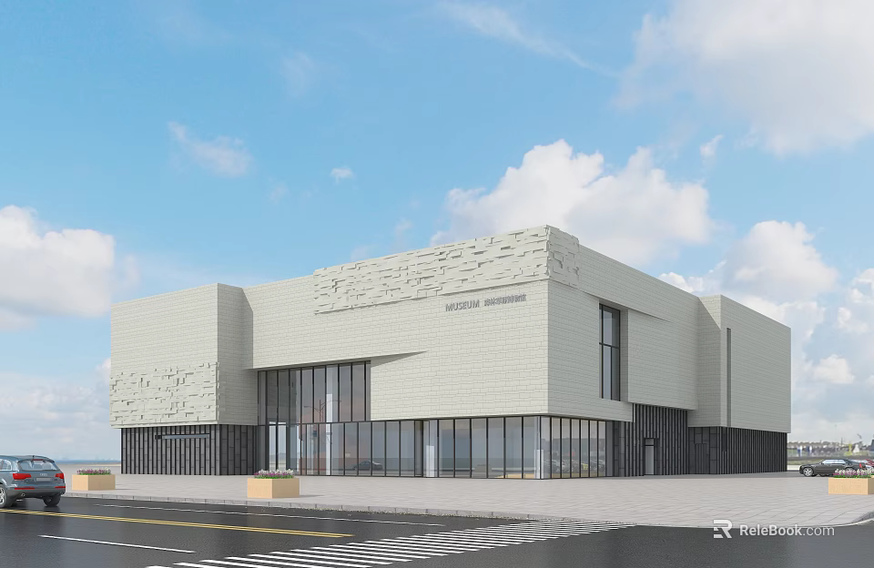 Modern Museum Building With White Exterior Large Glass Windows And Textured Walls 3d model 