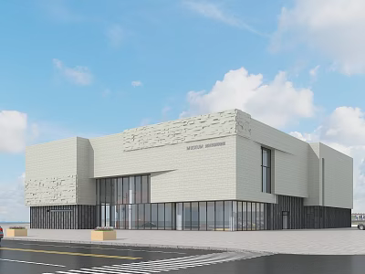 Modern Museum Building With White Exterior Large Glass Windows And Textured Walls 3d model