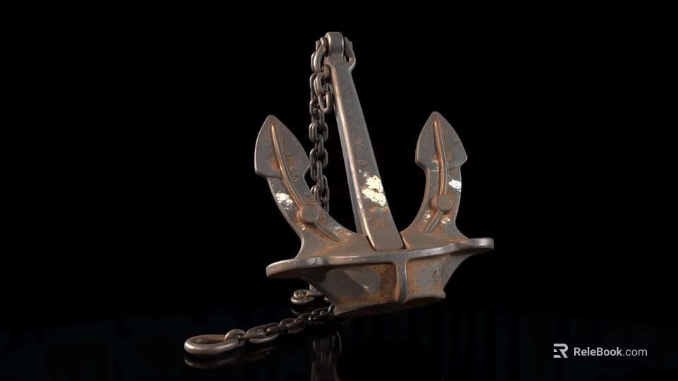 Rusty Metal Anchor With Chain On Black Background For Decorative 3d model