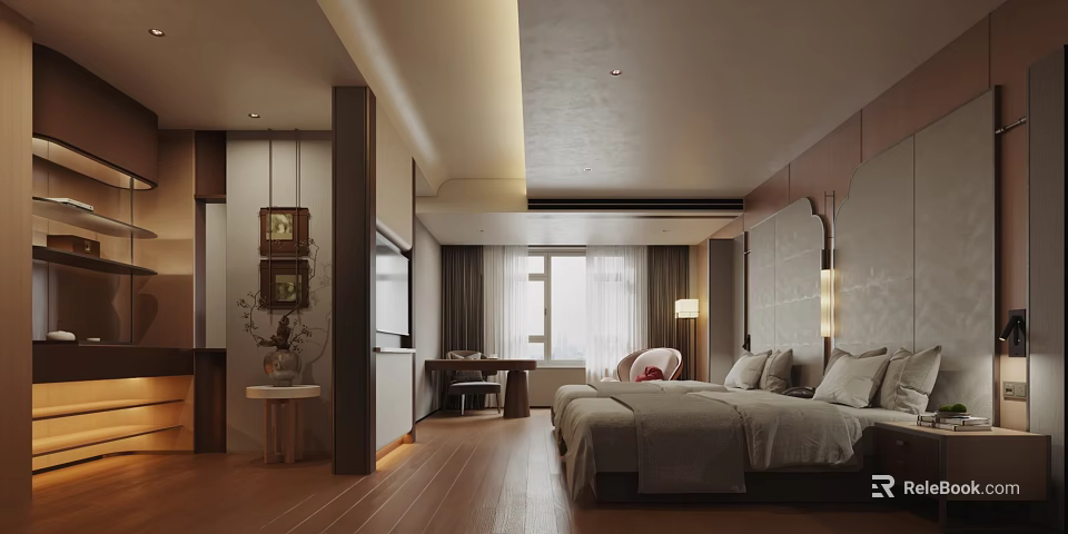 Modern Hotel Room Interior Design With Cozy Bed Large Window TV And Wooden Flooring 3d model 