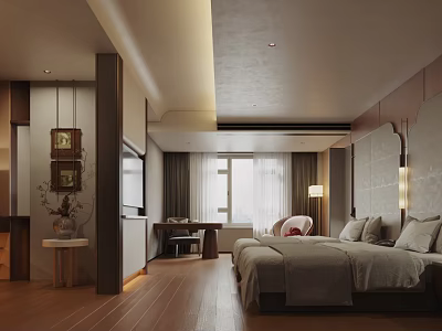 Modern Hotel Room Interior Design With Cozy Bed Large Window TV And Wooden Flooring 3d model