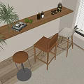 Modern Bar Counter With Plant Books Fruits Glasses Near Window With Brown Green Bar Stools