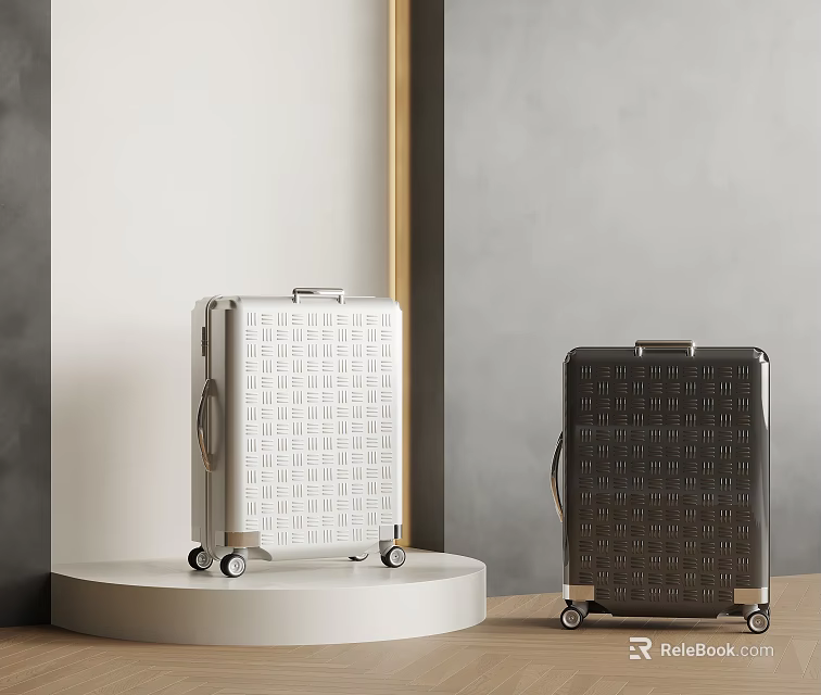 Stylish Modern Suitcases With Patterned Texture Silver Black On Display Stand With Wheels 3d model