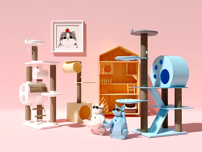 Colorful Cat Trees And Wooden Pet House With Stuffed Toys And Wall Art 3d model