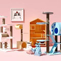 Colorful Cat Trees And Wooden Pet House With Stuffed Toys And Wall Art