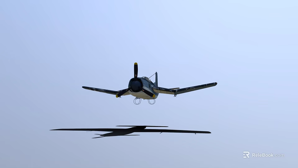 Fighter Jet In Flight With Propeller Landing Gear Down And Blue Sky Background Shadow Below 3d model 