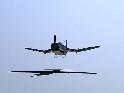 Fighter Jet In Flight With Propeller Landing Gear Down And Blue Sky Background Shadow Below 3d model
