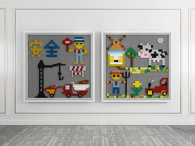 Colorful Block Artwork With Sun Truck Bee Flower Cow Tractor Figures On Wall 3d model