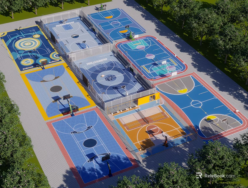 Cartoon Scene With Colorful Basketball Courts And Surrounding Green Trees 3d model 