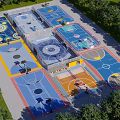 Cartoon Scene With Colorful Basketball Courts And Surrounding Green Trees