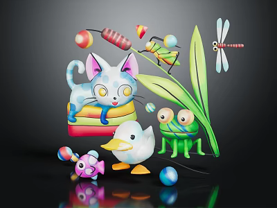 Playful Colorful Cat Frog Duck Dragonfly And Fish With Leaf And Balls 3d model