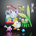 Playful Colorful Cat Frog Duck Dragonfly And Fish With Leaf And Balls