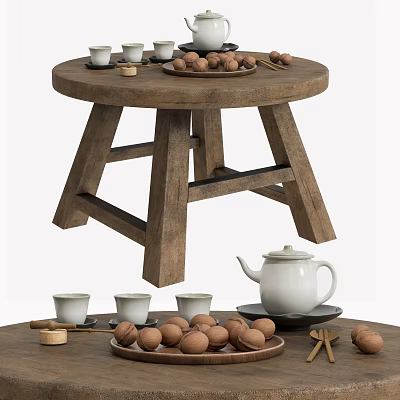 Rustic Round Wooden Coffee Table With Teapot Cups Nuts Chopsticks And Boxes 3d model