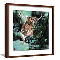 Tiger Animal Painting In Wooden Frame With Moon And Footprints On Dark Background