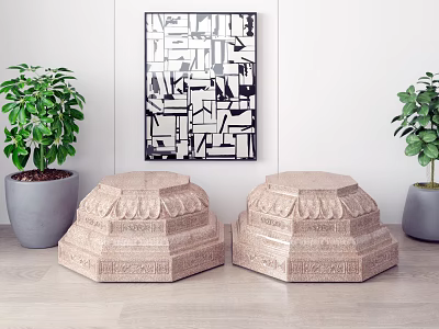 Decorative Stone Pedestals With Abstract Art And Potted Plants 3d model