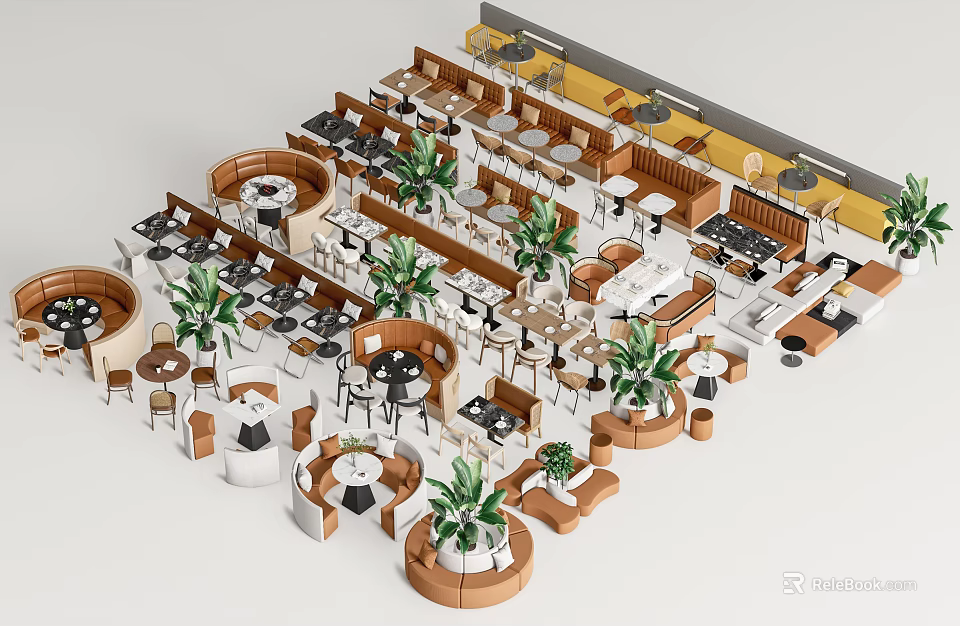 Modern Casual Sofa Set With Coffee Tables And Potted Plants In Lounge Area 3d model 