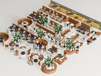 Modern Casual Sofa Set With Coffee Tables And Potted Plants In Lounge Area 3d model